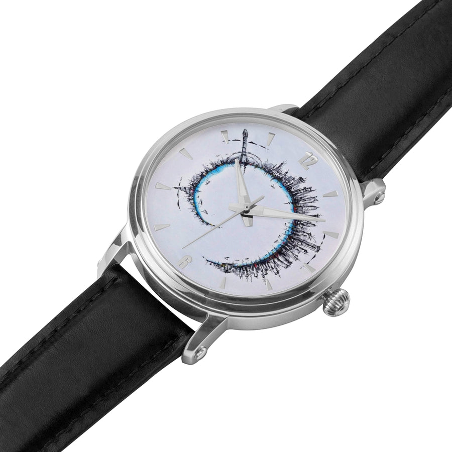 "Doha Spiral" Unisex Designer Stainless Steel Watch with Leather Band (white/black)